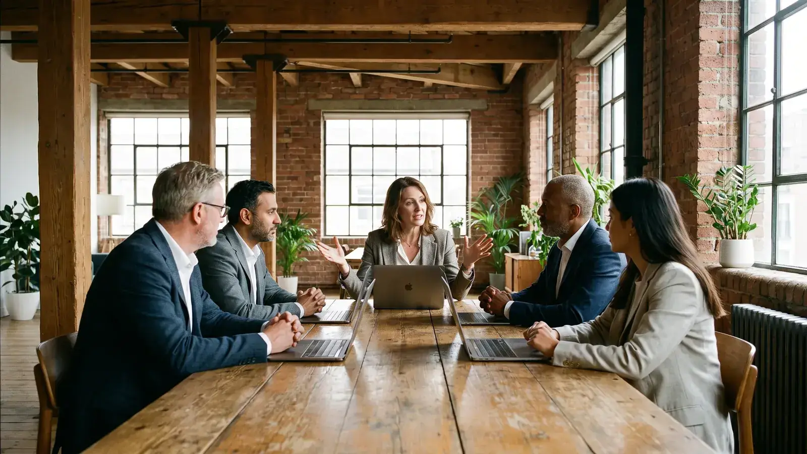 Five board members meet around a long wooden table in a renovated brick-and-beam office with laptops open