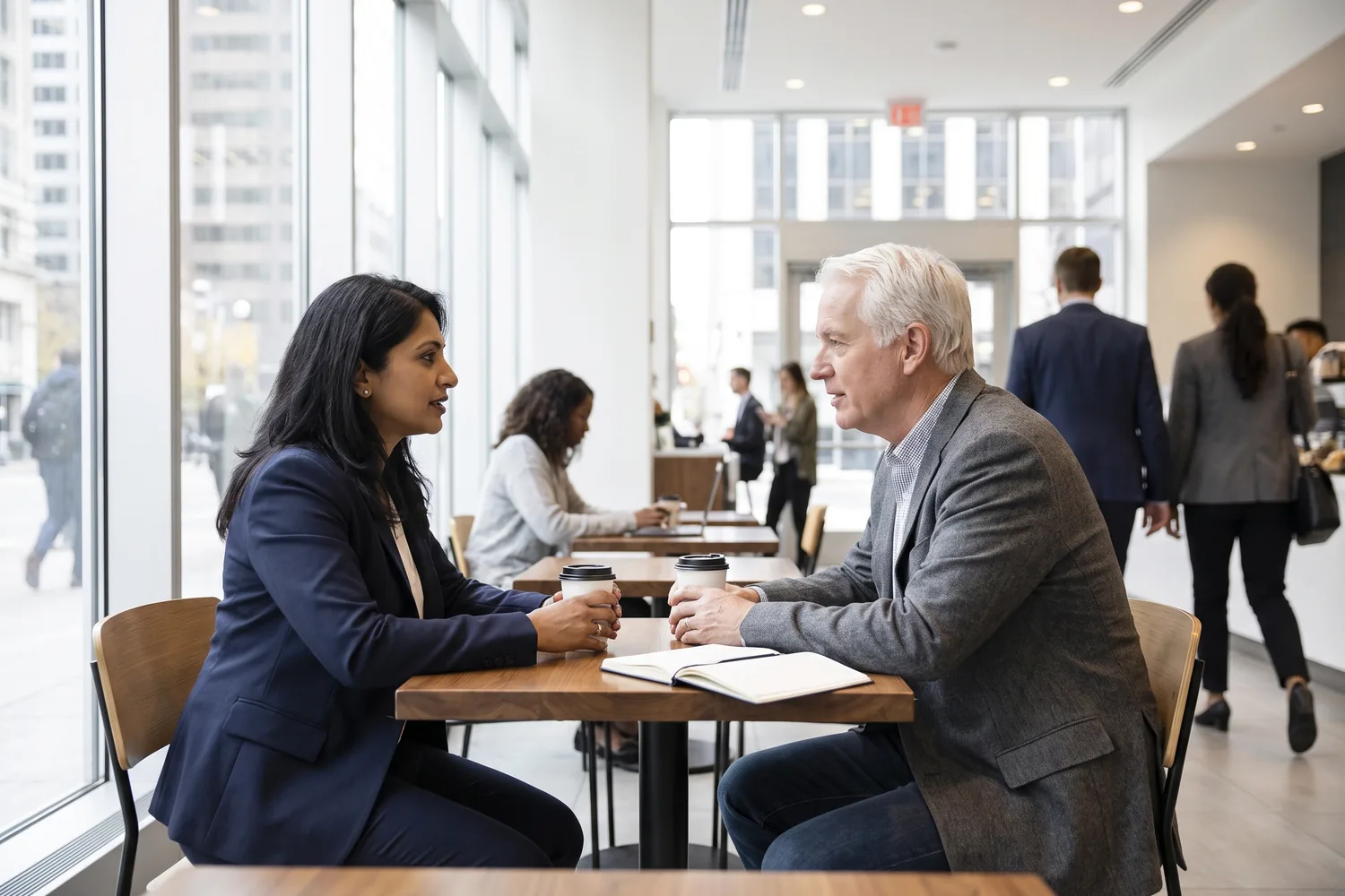 Two people talk over coffee at a window table in a bright ground-floor café as commuters pass behind