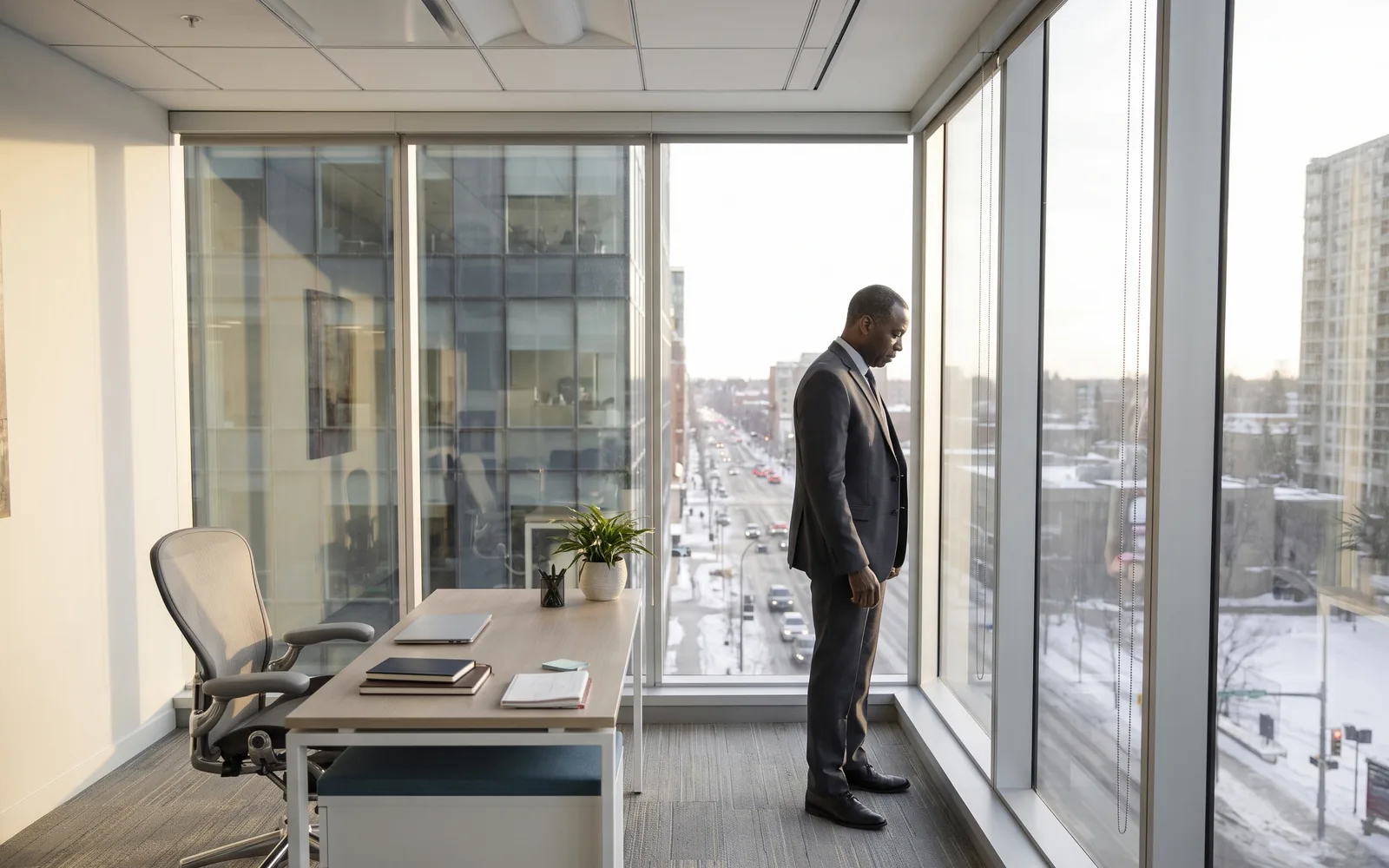 An executive in a charcoal suit looks down at a snowy street from a glass-walled corner office in low winter sun