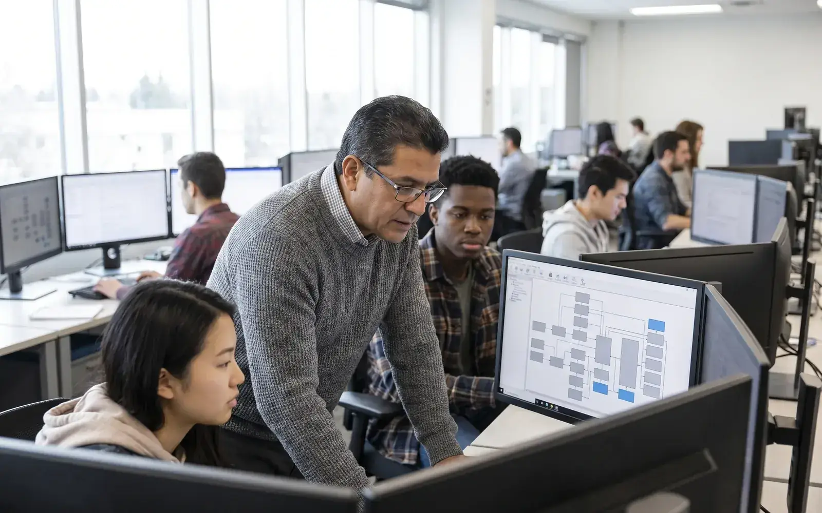 An executive and two engineers review a system architecture diagram on a monitor in a bright office