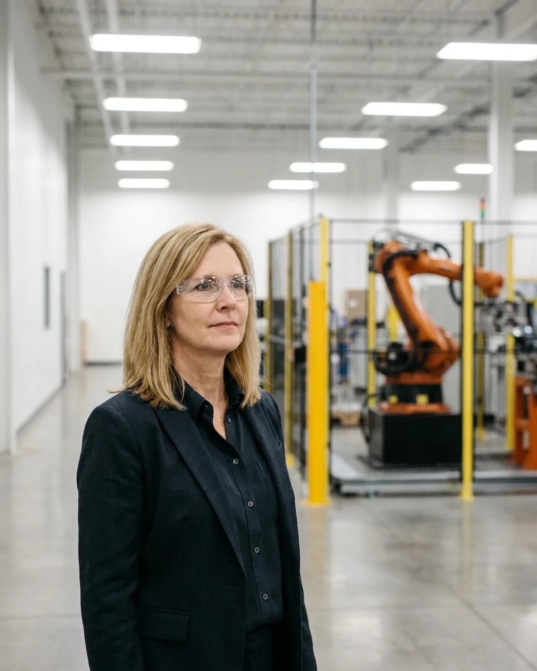 A manufacturing COO in a dark jacket and safety glasses stands on a clean factory floor beside a robot cell